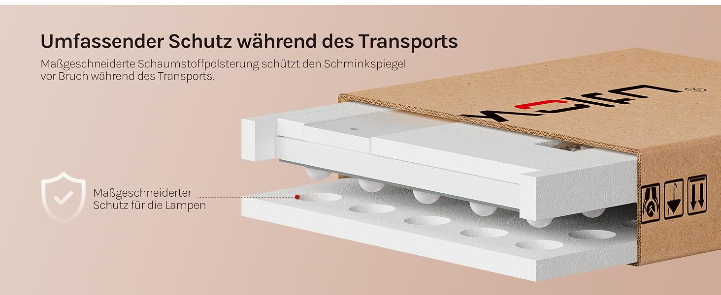 Der Text lautet „Umfassender Schutz während des Transports“. Weiße Aufbewahrungsboxen mit Polstermaterial auf einer Holzoberfläche, entworfen für den sicheren Transport und die Aufbewahrung von Gegenständen.