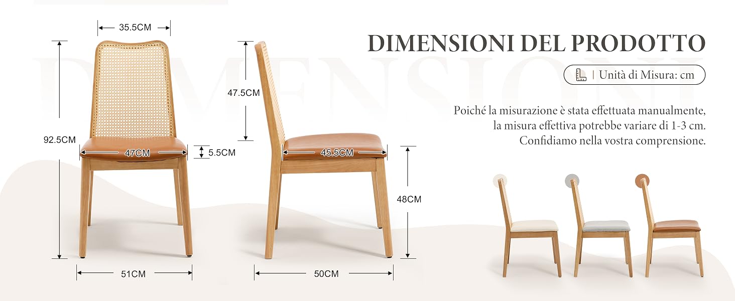 Il testo recita «DIMENSIONI DEL PRODOTTO» con le misure e le specifiche del prodotto in italiano. Viste multiple della sedia in legno con indicatori di dimensione che mostrano le misure di larghezza, profondità e altezza.