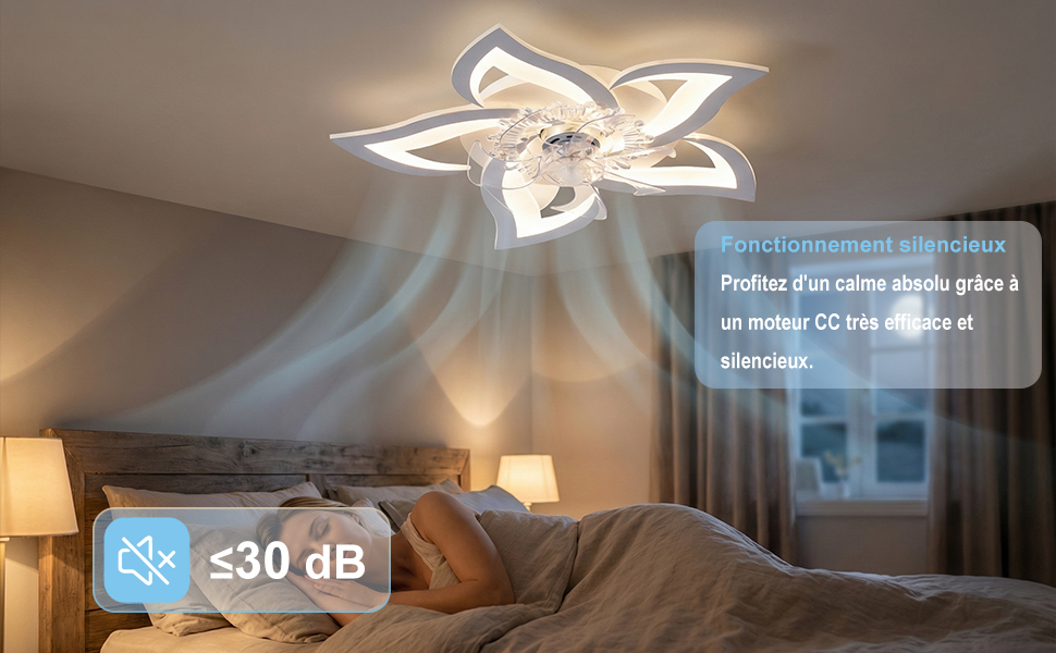 Le texte indique « ≤30 dB ». Luminaire mural en forme d'étoile blanc fluo monté au-dessus du lit dans la chambre à coucher, éclairé contre un mur sombre, démontrant un éclairage ambiant et une spécification de faible bruit.