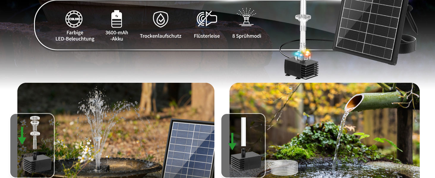 Solarbrunnen mit 8 Düsen und Schlauch