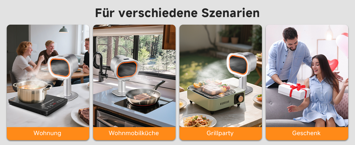 Der Text lautet „Für verschiedene Szenarien“. Banner mit mehreren Lifestyle-Bildern von Menschen, die Produkte in verschiedenen Szenarien verwenden, horizontal angeordnet in einem Layout im Filmstreifenstil.