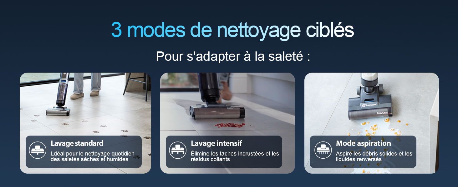 Le texte indique « 3 modes de nettoyage câblés » et « Pour s'adapter à la saleté : ». Démonstration du produit montrant trois modes de nettoyage des câbles différents avec des icônes d'instructions.