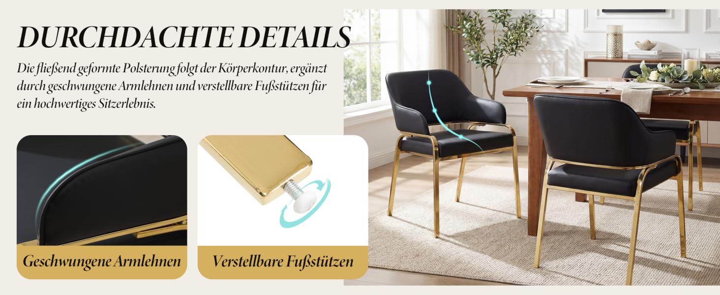 Der Text lautet „DURCHDACHTE DETAILS“, „Geschwungene Armlehnen“, „Verstellbare Fußstützen“. Weitere Ansichten desselben dunklen Polsterstuhls mit Produktdetails.