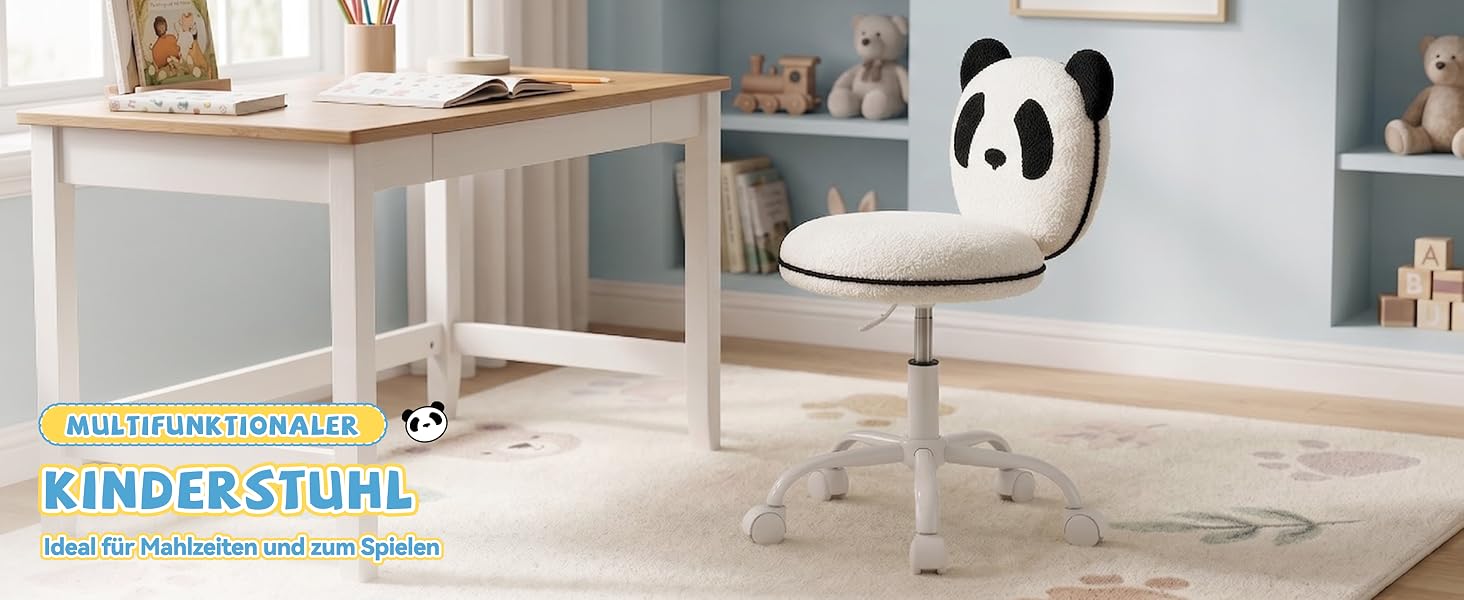 Der Text lautet „KINDERSTUHL“ und „stuhl-kinderstuhl.de“. Schreibtischstuhl für Kinder mit Pandaface-Design, weißem Sitz, grauem Metallgestell und Rädern in moderner Büroumgebung mit Schreibtisch und Regalen aus Holz.