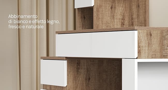 Scaffale portaoggetti a parete in legno con inserto ripiano orizzontale bianco su uno sfondo di pannelli in legno naturale in un ambiente di interior design minimalista.