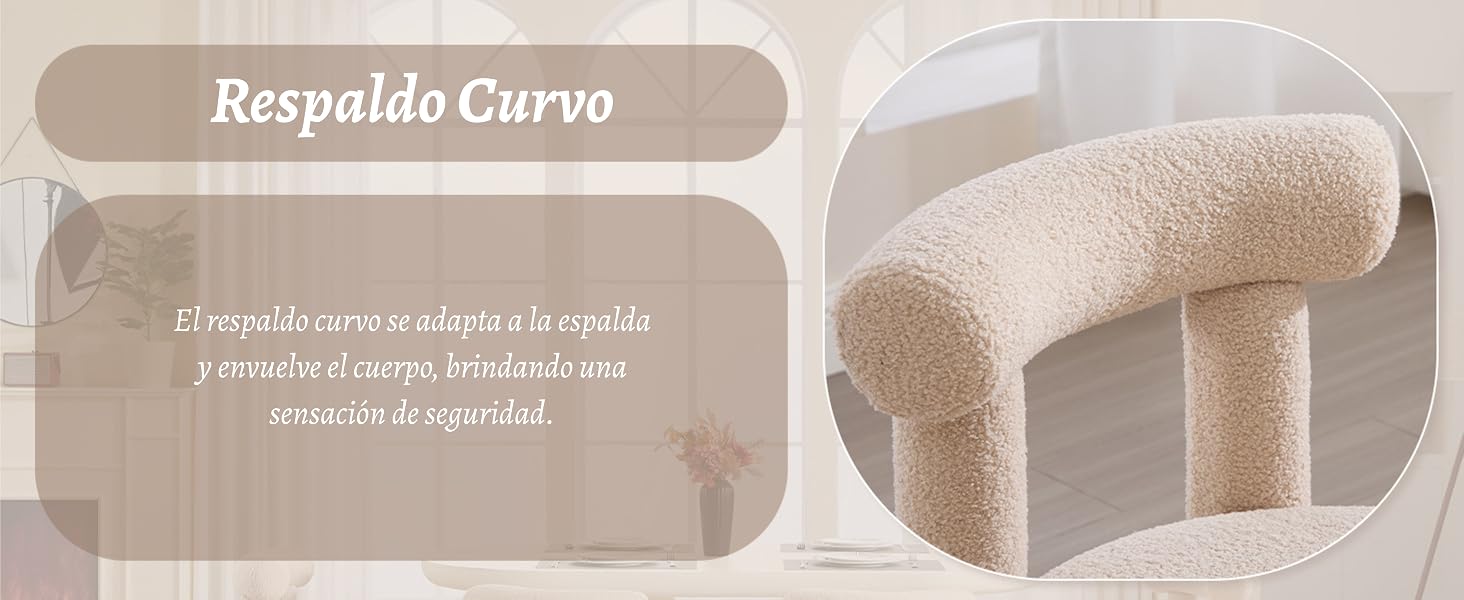 El texto dice «Respaldo Curvo».
[SENTENCE 8] Presentación de productos con diseños curvos de respaldo de silla en tonos beige neutros, que muestran formas ergonómicas.