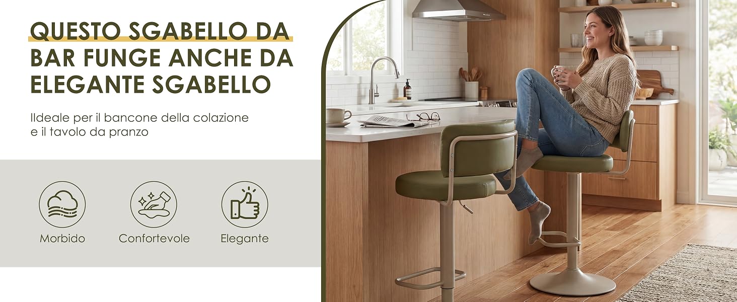 Il testo recita «QUESTO SBARELLO DA BAR RIUNISCE ANCHE DA ELEGANTE SGARELLO». Sgabello da bar con poggiapiedi raffigurato all'interno di una cucina moderna con le gambe della persona visibili.