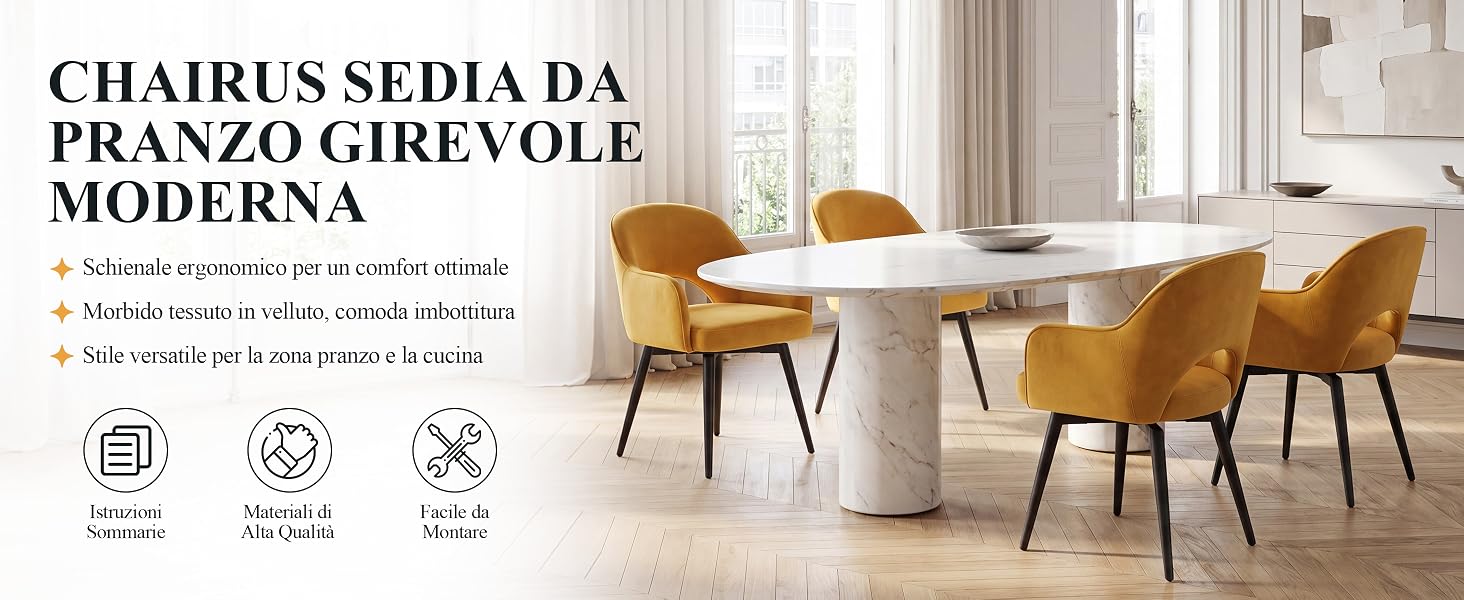 Il testo recita «CHAISUS SÉDIA DA PRANZO GIREVOLE MODERNA» e «Stile e comodità in una sola sedia». Sala da pranzo moderna con due sedie girevoli imbottite giallo senape su un tavolo bianco con alti armadi bianchi.