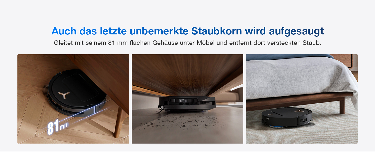 Der Text lautet „Auch das letzte unbemannte Staubkorn wird aufgesaugt“ mit zusätzlichem deutschen Untertitel. Drei Nahaufnahmen zeigen einen schwarzen motorisierten Gartensprinklerkopf mit Halterung und Anschlussdetails.