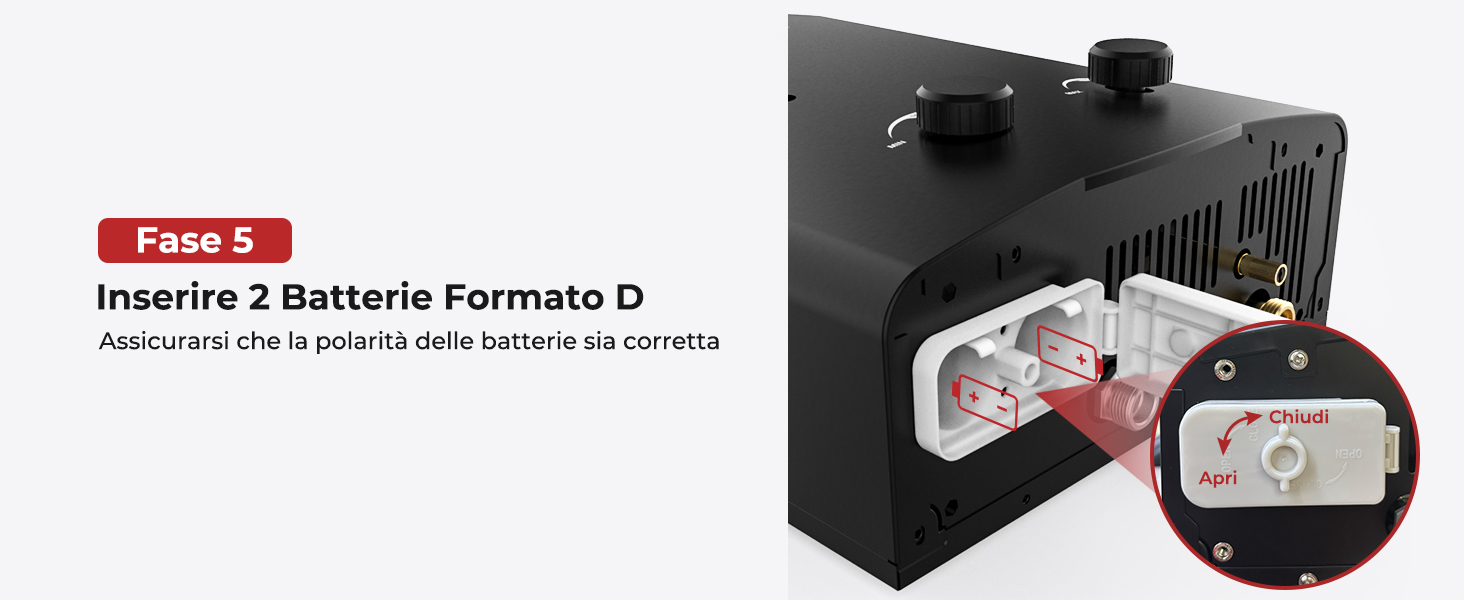 Dispositivo elettronico nero con due scomparti per batterie di formato D. L'etichetta rossa indica «Pack 2