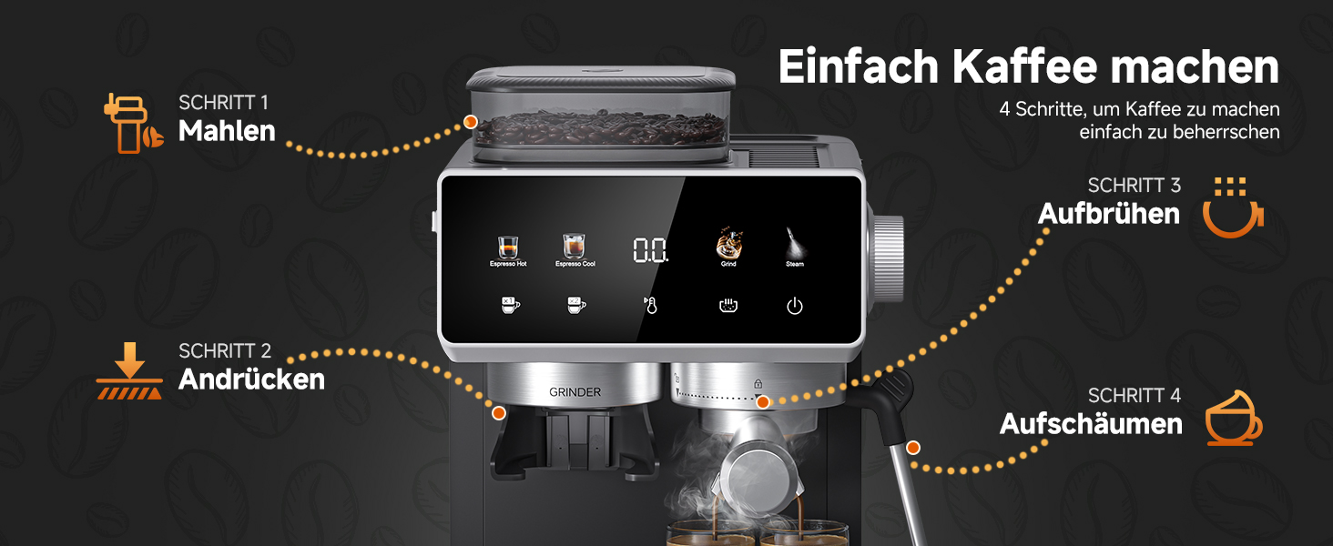 Der Text lautet „Einfach Kaffee machen“. Die digitale Oberfläche zeigt die Bedienelemente der Kaffeemaschine mit Symbolen und Anzeigen für die Auswahl und Einstellung von Getränken.