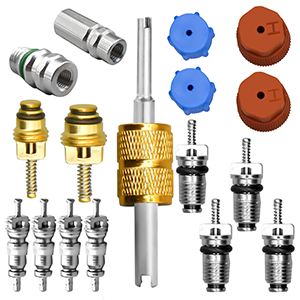 Assortment of small mechanical parts including metal connectors, valves, spark plugs, and adjustment tools. Various shapes and sizes shown, primarily in metallic colors with some blue and orange components.