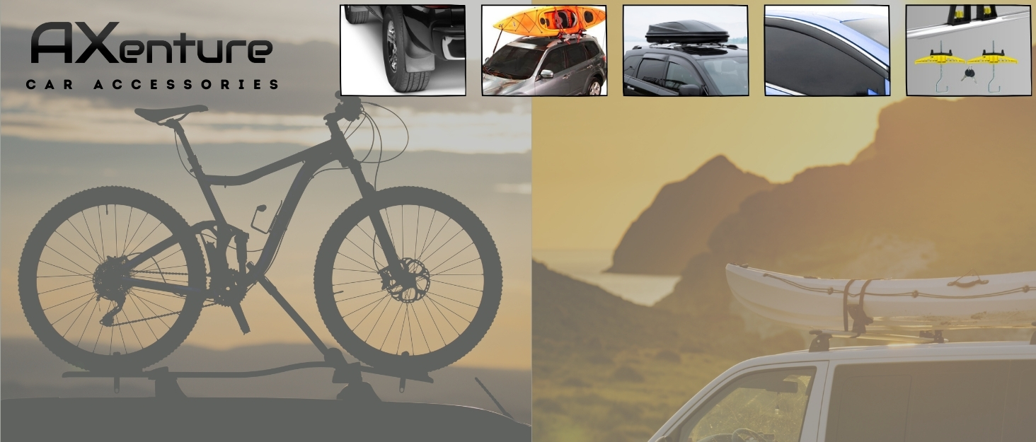 a bicycle is mounted on the roof of a car.