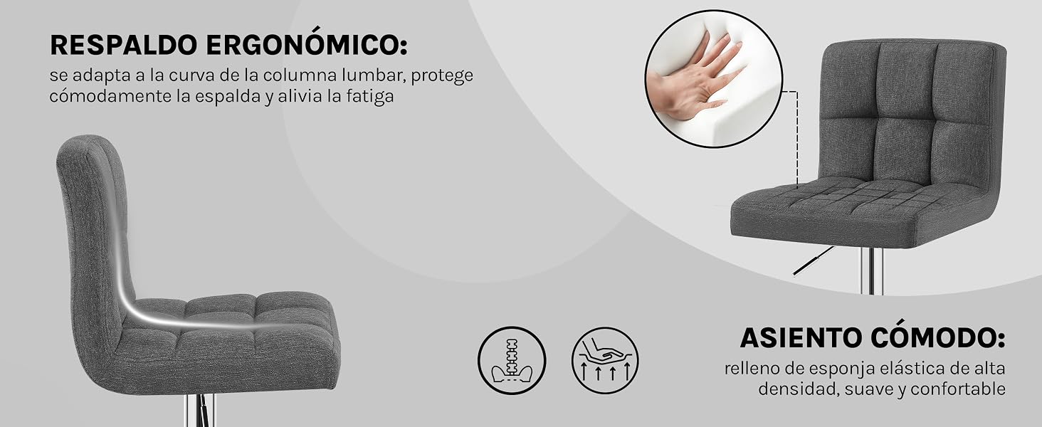 con respaldo ergonómico. Las características del producto están resaltadas en texto en español, enfatizando la comodidad y el diseño ergonómico