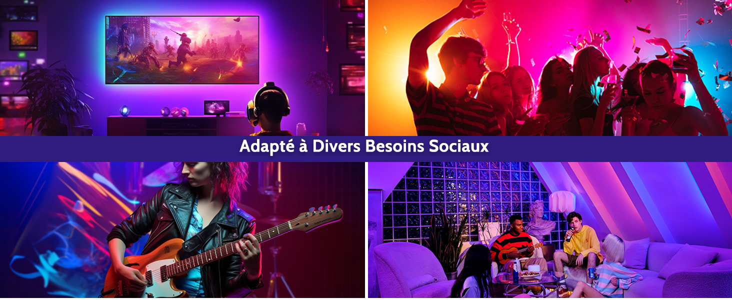 Le texte se lit comme suit : « À PROPOS DE 4 SONS SOCIAUX DIFFÉRENTS ». Deux images en écran partagé montrant des personnes lors d'événements nocturnes avec un éclairage LED violet et rose et une atmosphère de fête avec des équipements musicaux visibles.