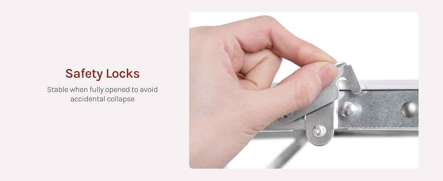 Text reads 'Safety Locks' with subtitle 'Slip-on with organized fastened clasp and soft velcro'. Hand holding gray metal safety lock mechanism with clasp attachment.