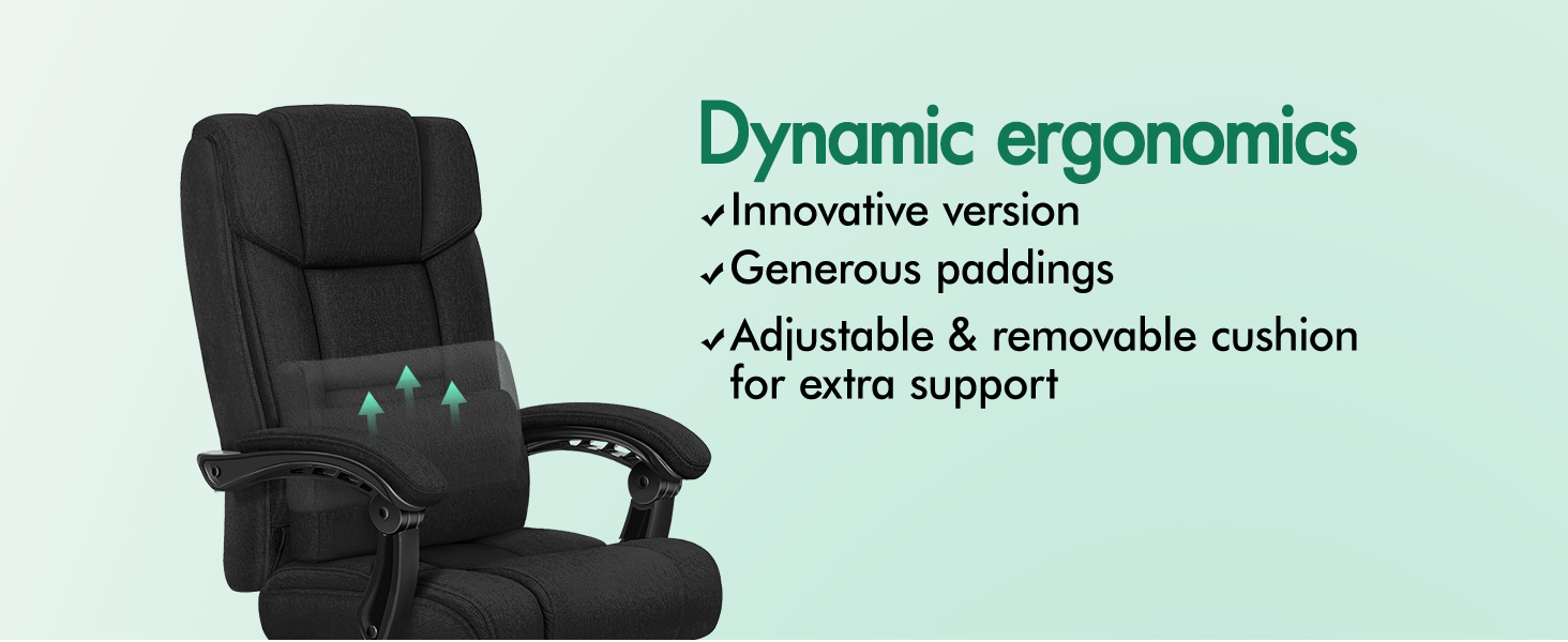 Text reads 'Dynamic ergonomics' and 'Adjustable & removable cushion for extra support'. Black gaming chair shown from side angle with ergonomic design features highlighted