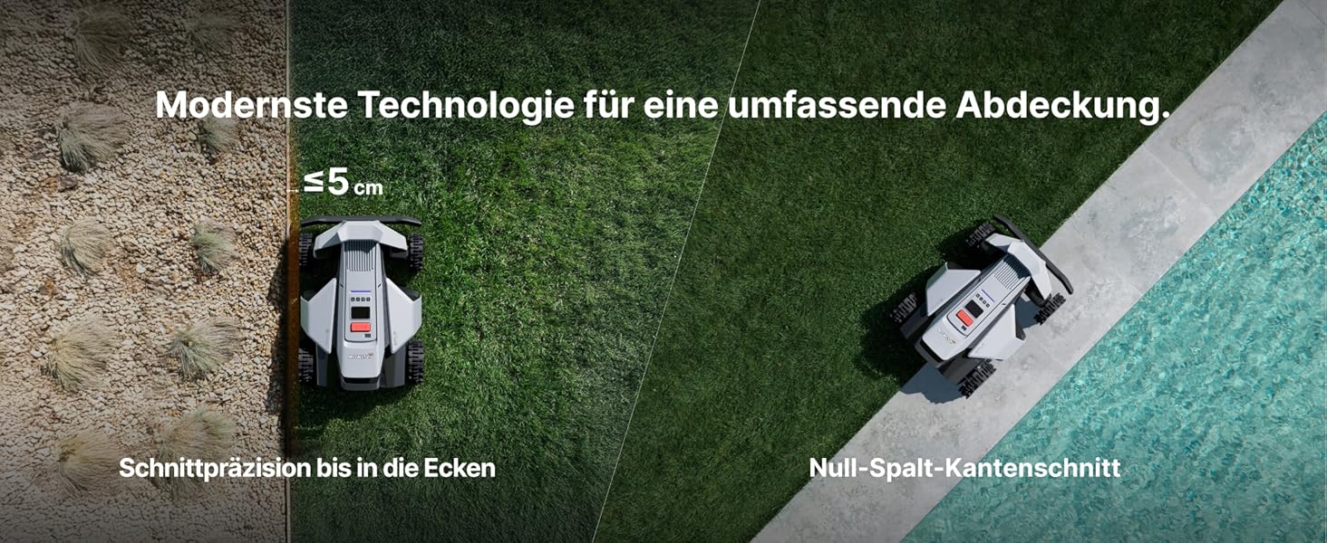 Der Text lautet „Modernste Technologie für eine umfassende Abdeckung“. Der Rasenroboter wird auf Gras und Pooldeck gezeigt und zeigt den Abdeckungsbereich.
