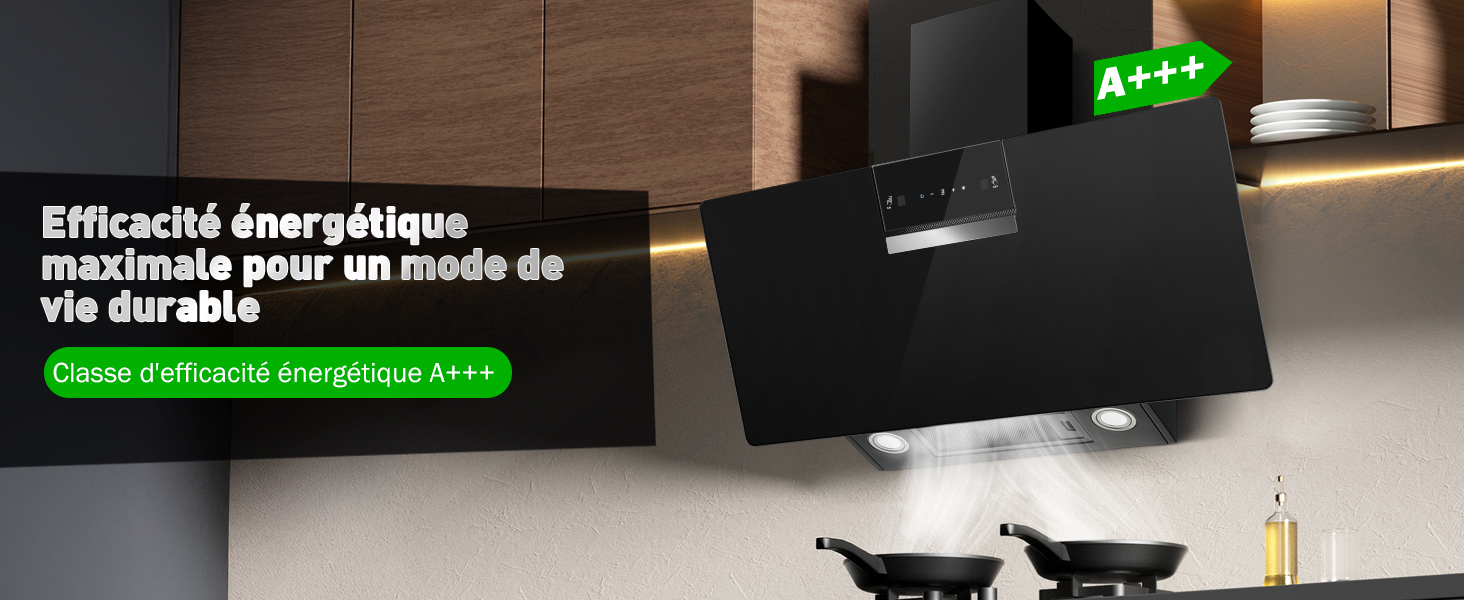 Le texte indique « Efficacité énergétique » et « A+++ ».
[SENTENCE 14] Hotte de cuisine inclinée noire moderne fixée au mur au-dessus de la cuisinière.