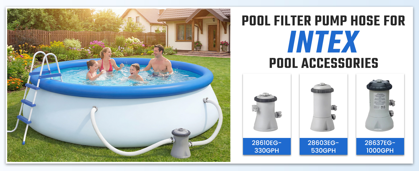 Text reads 'POOL FILTER PUMP HOSE FOR INTEX POOL ACCESSORIES'. Image shows large inflatable pool in backyard setting and three gray cylindrical pump filter options displayed on right.
