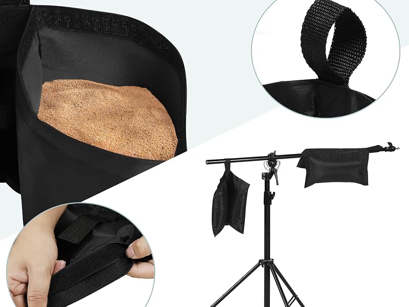 Photography backdrop support system with black fabric screen, adjustable stand, and close-ups of attachment clips and velcro fasteners.