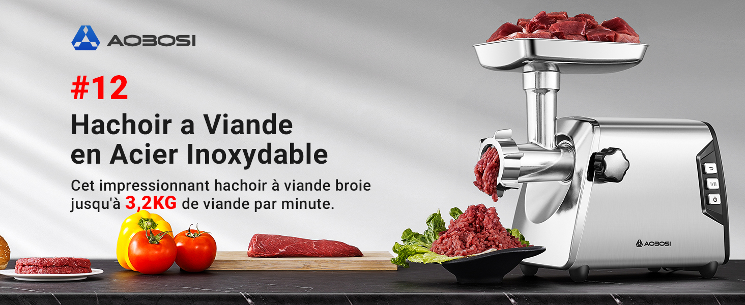 en acier inoxydable avec touches rouges. Les caractéristiques incluent le traitement de jusqu'à 3,2 kg de viande par minute. Légumes et viande hachée visibles, démontrant une utilisation polyvalente