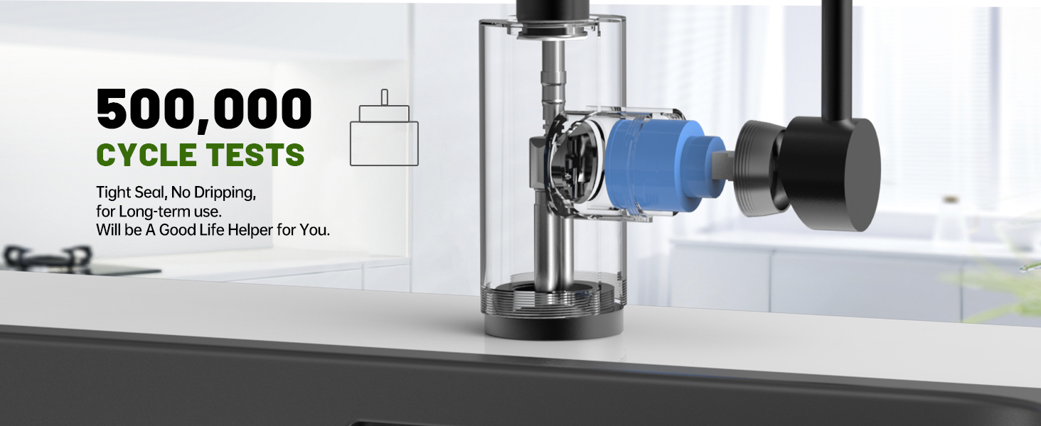 Kitchen appliance with transparent container and black components. Text indicates '500,000 cycle tests' suggesting durability or longevity of the product.