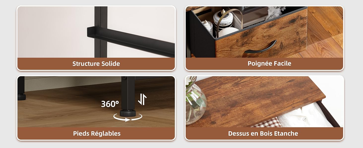 Image d'instructions à panneaux multiples montrant les étapes d'assemblage de la table en bois : trous de support, rails de suspension, connecteurs métalliques et surface de la table avec supports de fixation.
