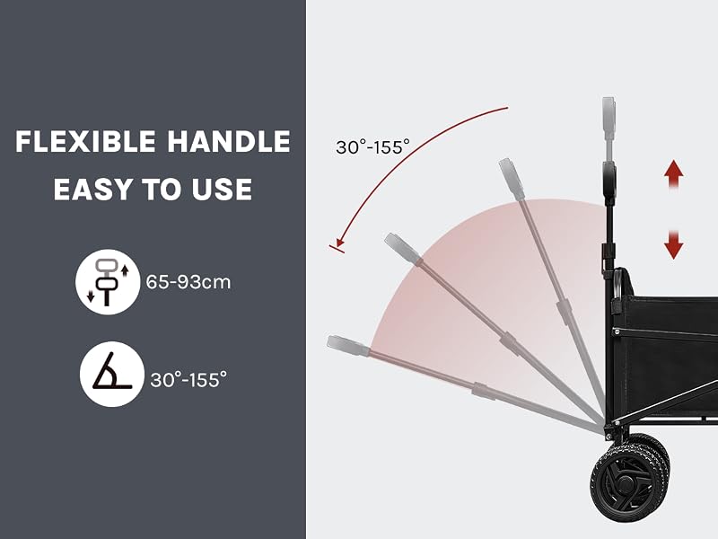 Product diagram showing flexible handle functionality with 30-165 degree adjustment range and 65-93cm height specification.