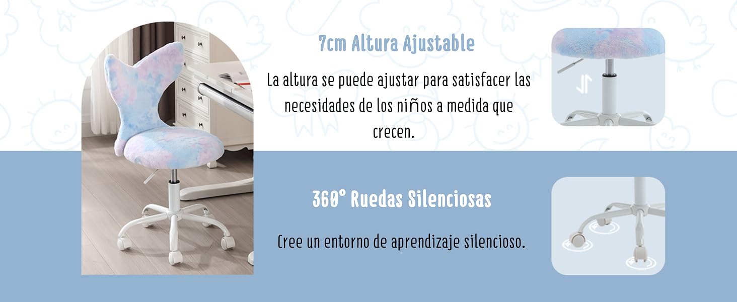 de altura regulable con respaldo en forma de mariposa en colores pastel. Cuenta con ruedas silenciosas de 360 grados y un mecanismo de ajuste de altura