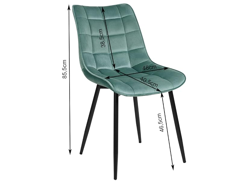 in velluto verde acqua con schienale trapuntato, gambe in metallo nero e dimensioni etichettate: altezza 85,5 cm,