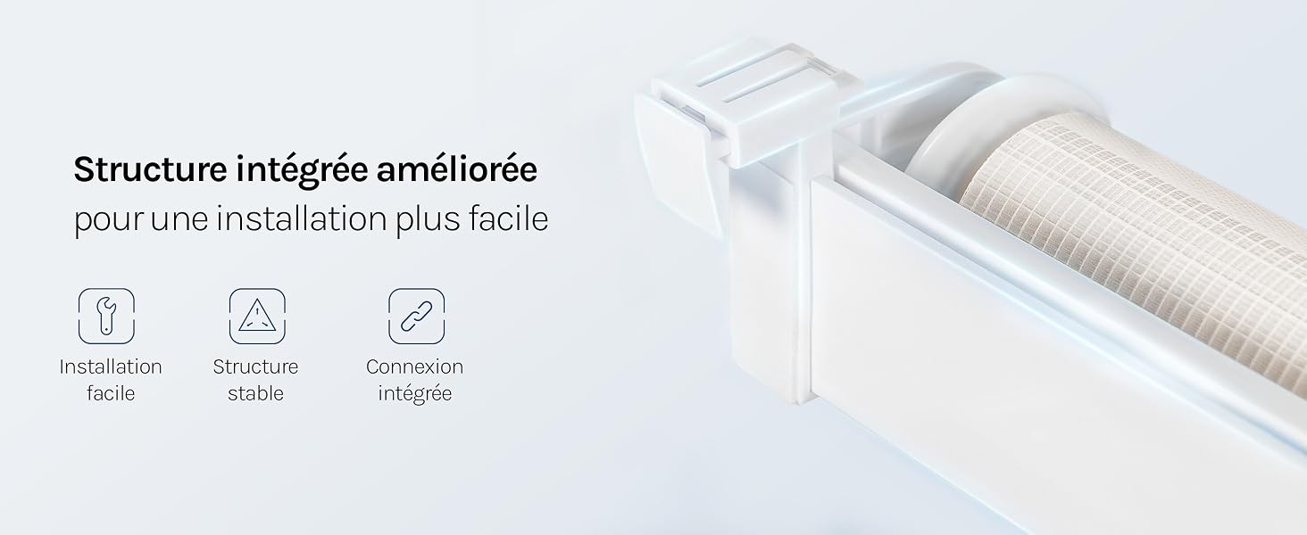 Le texte indique « Structure intérieure améliorée pour une installation plus facile » avec trois icônes illustrant les caractéristiques : « Armature », « Fixation », « Nettoyage ». Schéma du produit montrant les composants structurels internes du dispositif cylindrique.