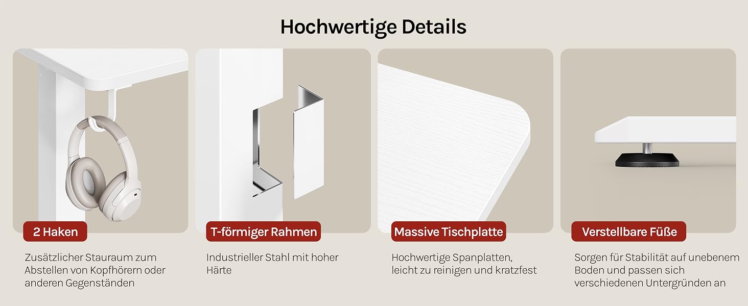 Der Text lautet „Hochwertige Details“. Das Produktinstallationsdiagramm zeigt vier Schritte zur Montage oder Installation eines Geräts an einer scheinbar Wand oder Oberfläche.