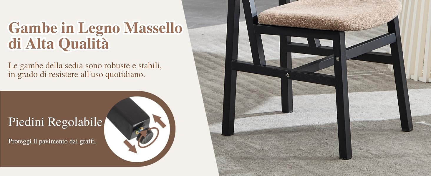 Il testo recita «Gambe in Legno Massello di Alta Qualità» e «Piedini Regolabile». Presenta gambe in legno per panche o mobili con piedini regolabili.