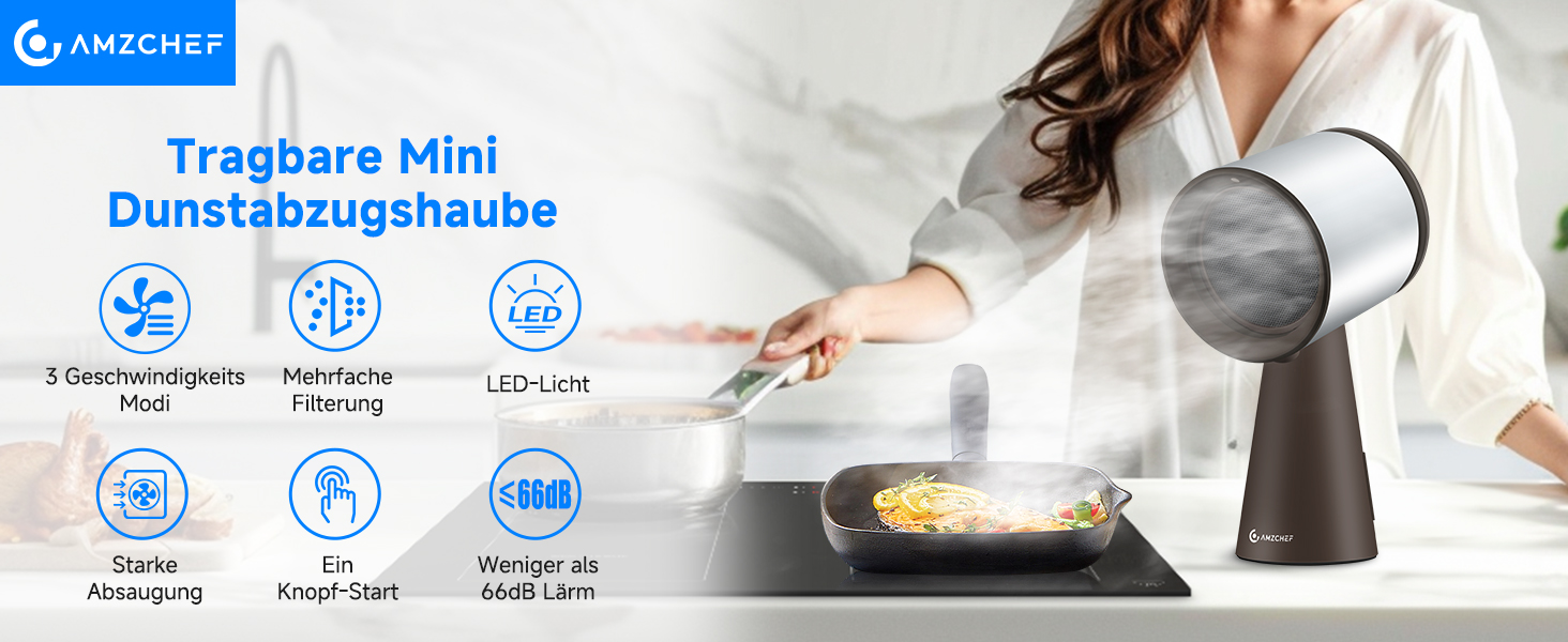 Tragbarer Mini-Dampfabsauger mit 3 Geschwindigkeitsstufen, automatischem Timing, LED-Licht und verstellbarem Arm. Frau benutzt Gerät beim Kochen im Hintergrund