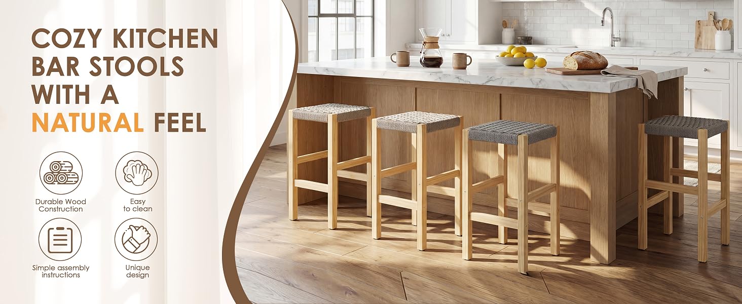 Text reads 'COZY KITCHEN BAR STOOLS WITH A NATURAL FEEL'. Modern kitchen interior with wooden bar stools along white counter, featuring natural lighting and minimalist design.