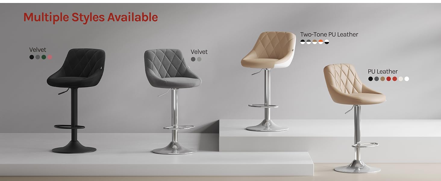 Text reads 'Multiple Styles Available'. Display showing four adjustable bar stools in different styles: black, gray mesh, beige, and tan with varying height adjustments and swivel bases.