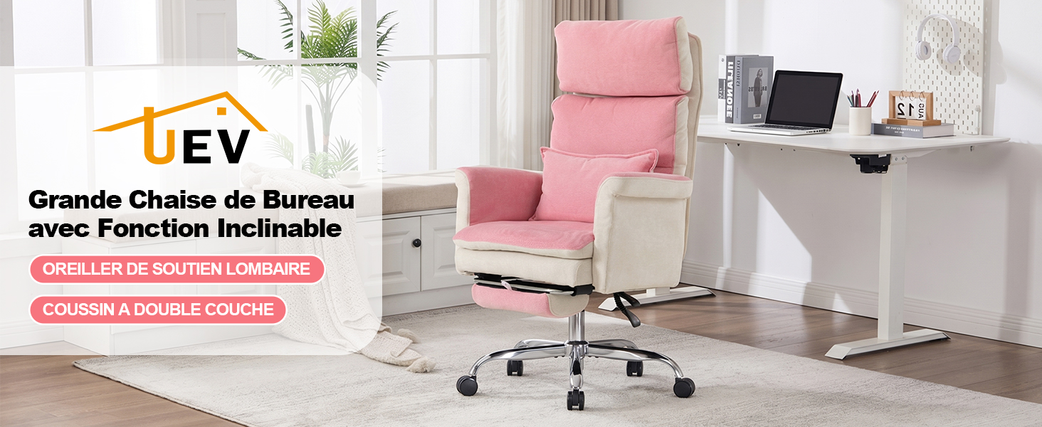Le texte indique « LEV », « Grande Chaise de Bureau avec Fonction Inclinable », « ACHETER MAINTENANCE ». Chaise de bureau rose avec bureau blanc et étagère dans une configuration d'espace de travail domestique moderne.