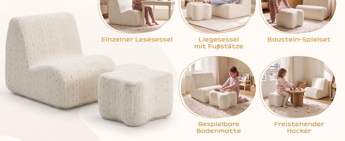 Drei beigefarbene, cremefarbene Aufbewahrungshocker oder Hocker in abgestuften Größen, von oben angezeigt. Auf mehreren Lifestyle-Fotos sind Sitzpuffs zu sehen, die in Wohnräumen angeordnet sind und als Sitz- und Aufbewahrungslösungen verwendet werden. Neutrales Stoffmaterial mit organisierter Produktgruppierung.