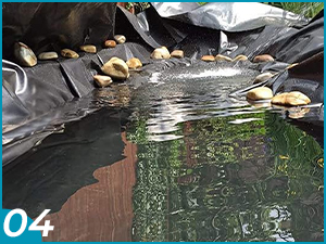 con bordes superpuestos en material negro. Pequeñas rocas bordean el perímetro, parcialmente sumergidas en agua clara que refleja la vegetación circundante