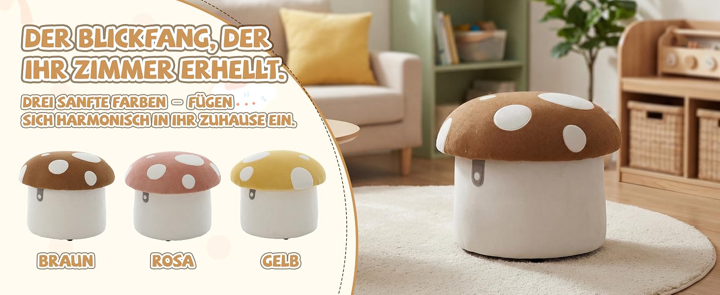 Der Text lautet „DREROOM/LOUNGE/OFFICE COMFORTABLE POUF“. Beiger, gepolsterter, zylindrischer Sitzpuff mit Holzsockel, passt perfekt zu Ihrem Zuhause, zusammen mit passenden Möbelstücken und Farbmustern.