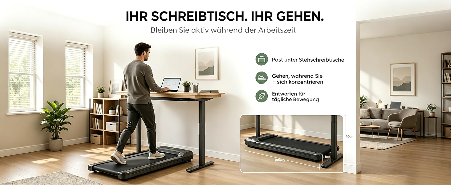 Der Text lautet „IHR SCHREIBTISCH, IHR GEHEN“. Das deutschsprachige Home-Office-Setup zeigt eine Person am Stehpult mit Wellnessfunktionen und Symbolen, die auf gesundheitliche Vorteile hinweisen.