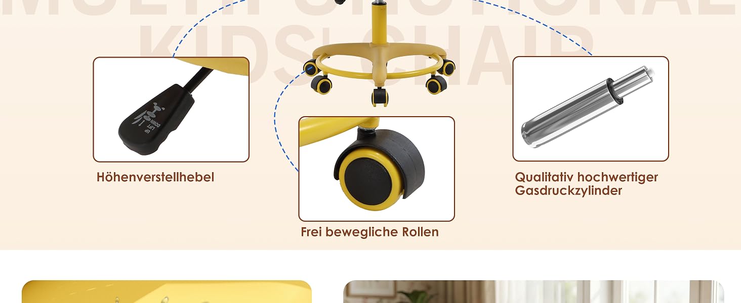 Das dreiteilige Produktdiagramm zeigt die Komponenten des Bürostuhls: Rollen, Höhenverstellhebel und Kippmechanismus mit gelben Markierungen.
