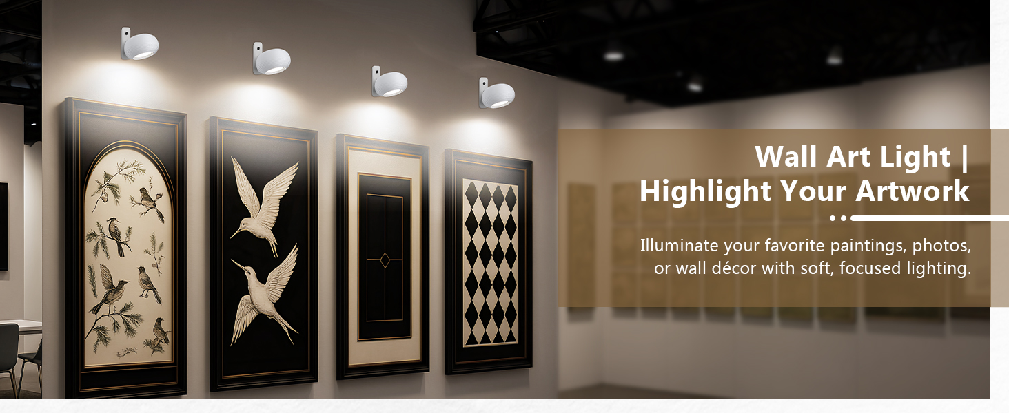 Der Text lautet „Wall Art Light | Heben Sie Ihre Kunstwerke hervor“. Serie von Wandszenen im Galerie-Stil mit Scheinwerfern auf den Ausstellungsflächen.