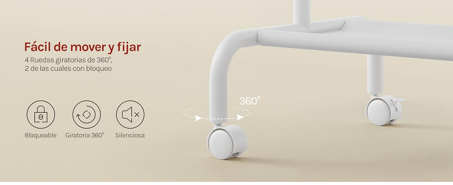 El texto dice: «Fácil de mover y fijar», «Mástil: se monta en pocos minutos». Carpa o toldo para exteriores de color beige con estructura ligera, parte superior con ventilación en forma de cúpula y montaje sencillo, que se muestra con tres iconos característicos en la parte inferior.