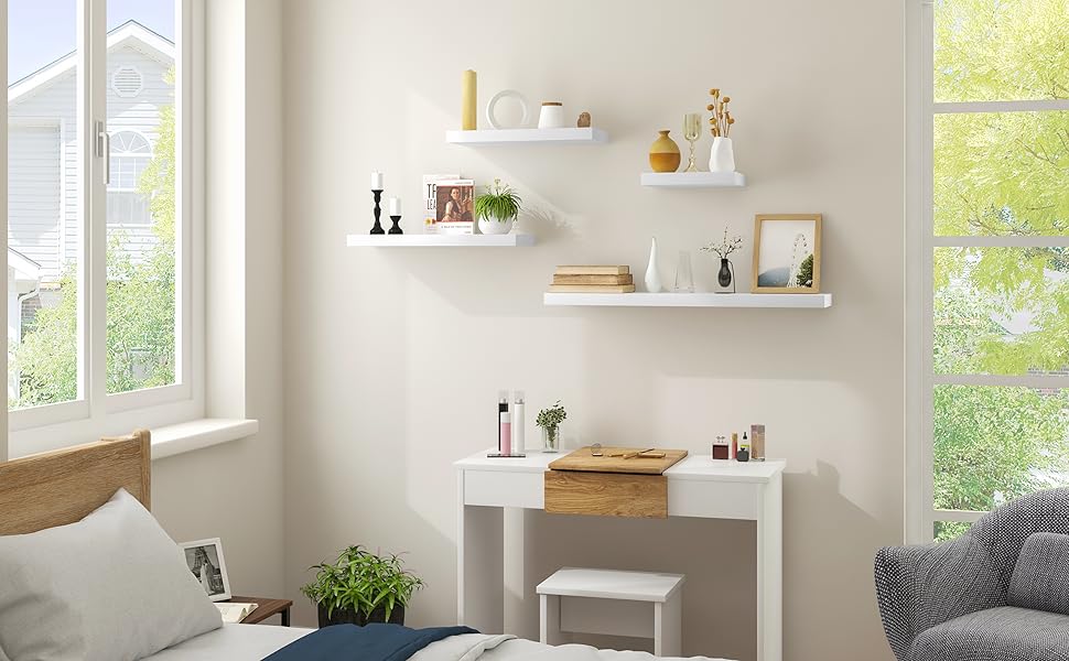 a white desk with a shelf on it.