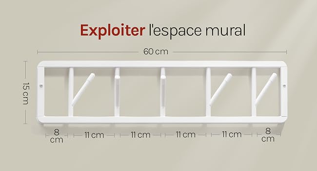 Le texte indique « Exploiter l'espace mural » et « 60 cm ». Étagère murale blanche avec 5 compartiments divisés, dimensions indiquées par sections de 8 cm, largeur totale 60 cm, hauteur environ 15 cm.