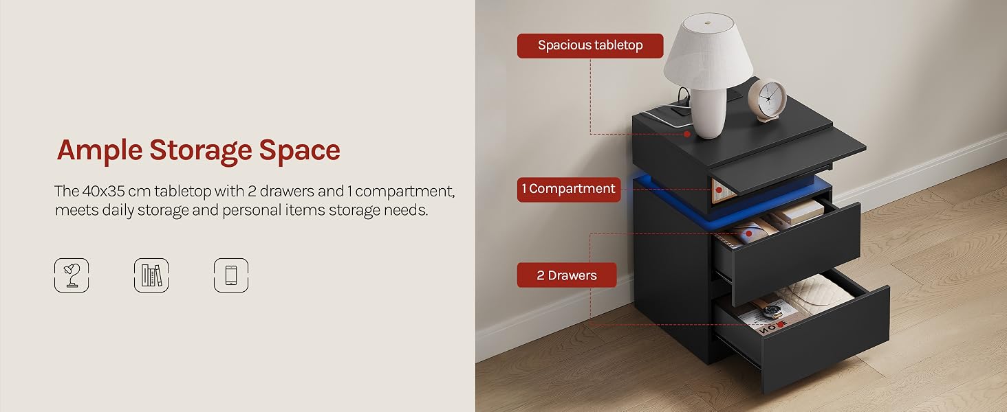 Text reads 'Ample Storage Space'. Black storage box or organizer with multiple drawers shown from different angles, demonstrating storage capacity and functionality.