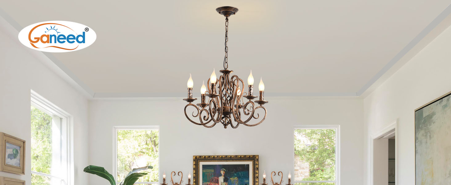 Traditional bronze chandelier with multiple arms hanging from white ceiling in bright room with windows and crown molding.