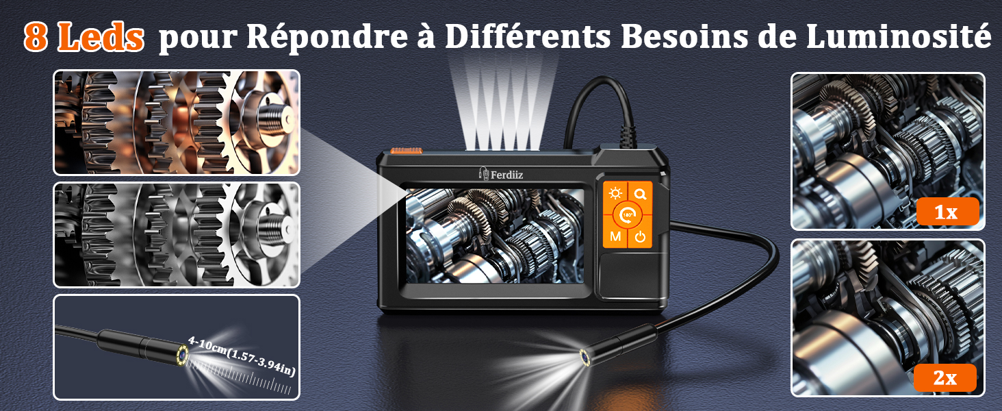 Le texte se lit comme suit : « 8 LED pour Répondre à Différents Besoins de Luminosité ». Schéma technique montrant les niveaux de réglage de l'éclairage LED avec plusieurs réglages d'intensité.